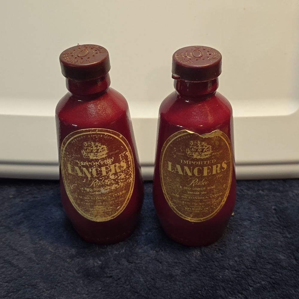 Lancers Wine Bottle Salt & Pepper Shakers - VTG 1970s Retro Decor - Kitschy